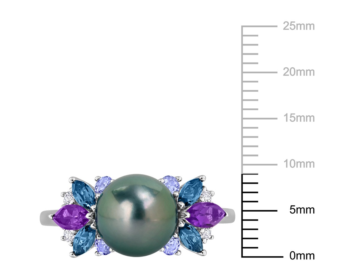 8-8.5mm Black Tahitian Pearl 7/8 Carats (ctw) Blue and White Topaz, Ring