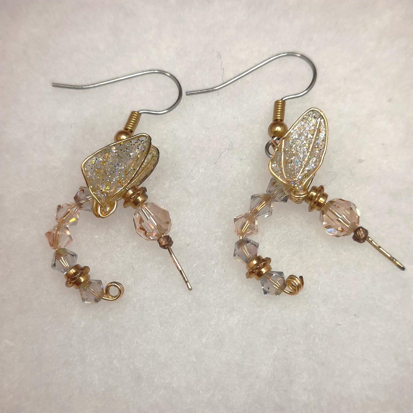Artisan Made Whimsical Hummingbird Earrings Champagne Crystals Gold Tone RARE