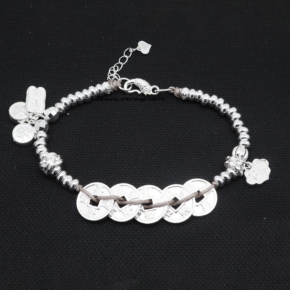 Solid 999 Fine Silver Bracelet Five-Coins-Bead We-Designed Bracelet 18cm+2cm