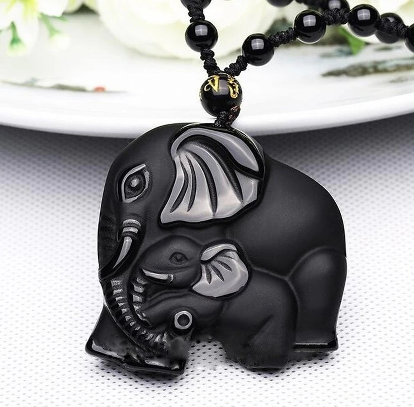 Men’s Fashion Jewelry Frosted Black Stone Beaded Elephant Pendant Necklace 491