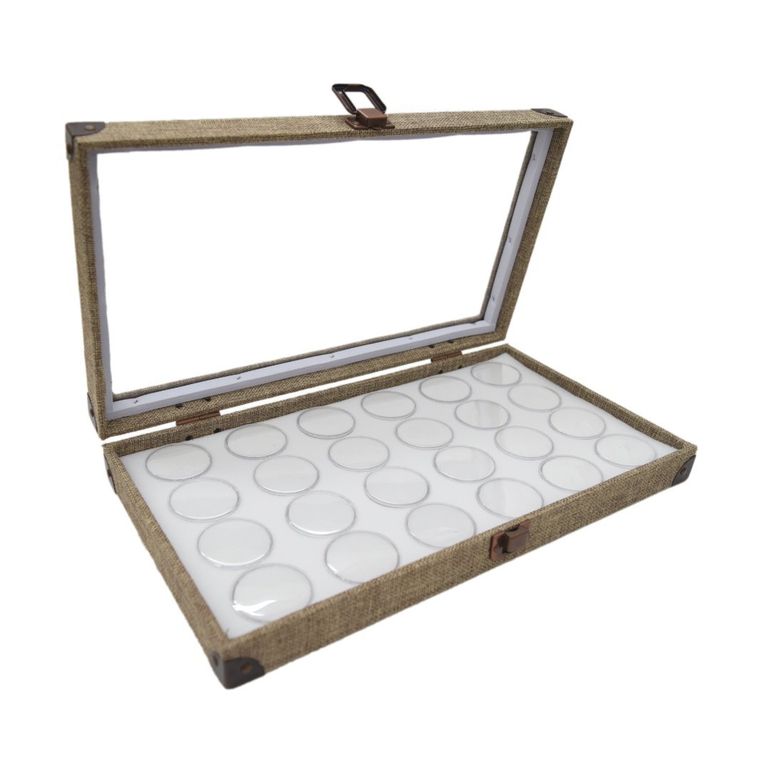 Novel Box Glass Top Burlap Clasp Jewelry Gem Display Case With Gem Jar Insert