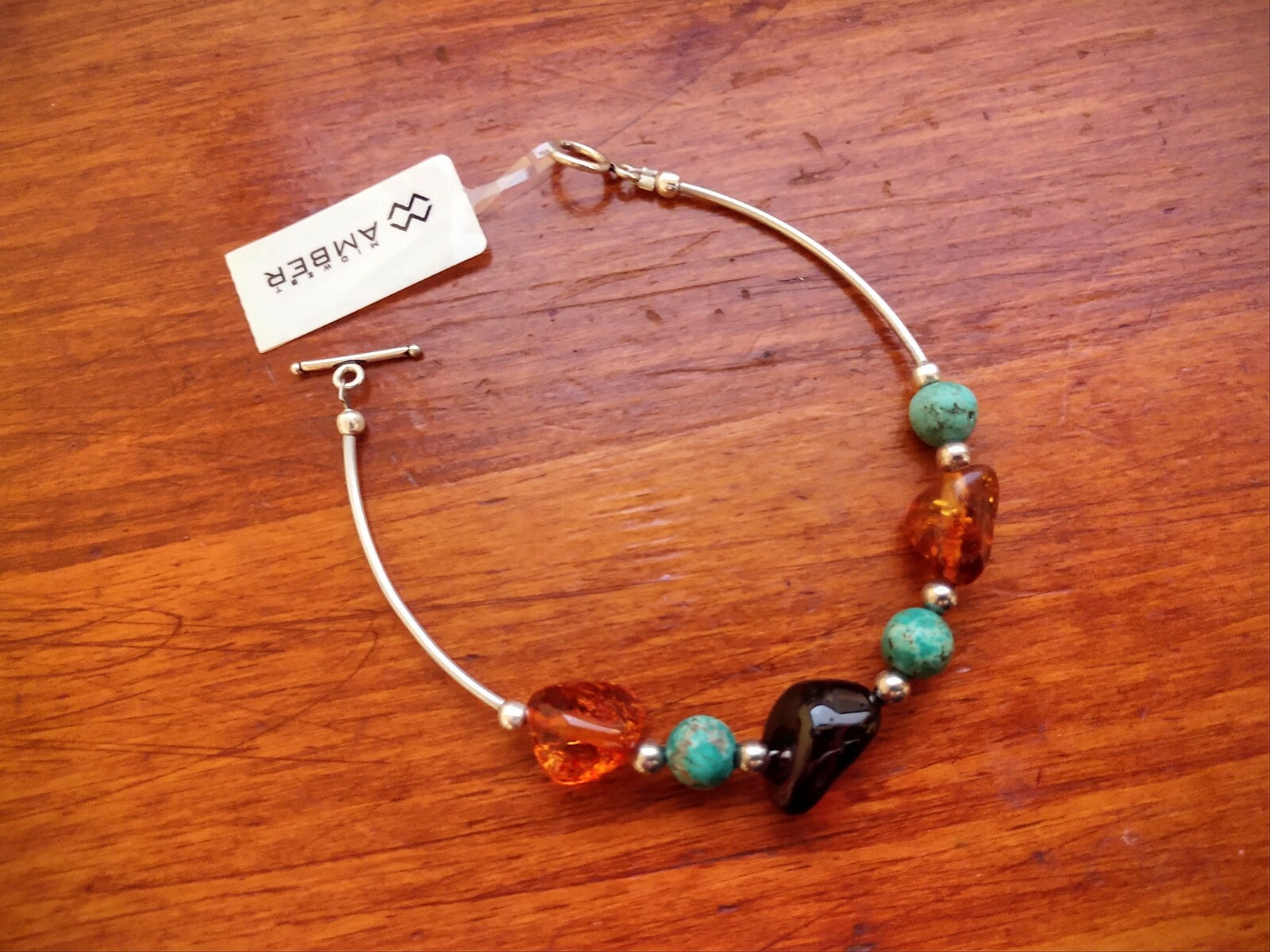Sterling Silver~AMBER from Poland Casual & Pretty Bracelet Amber & Green Beads ~