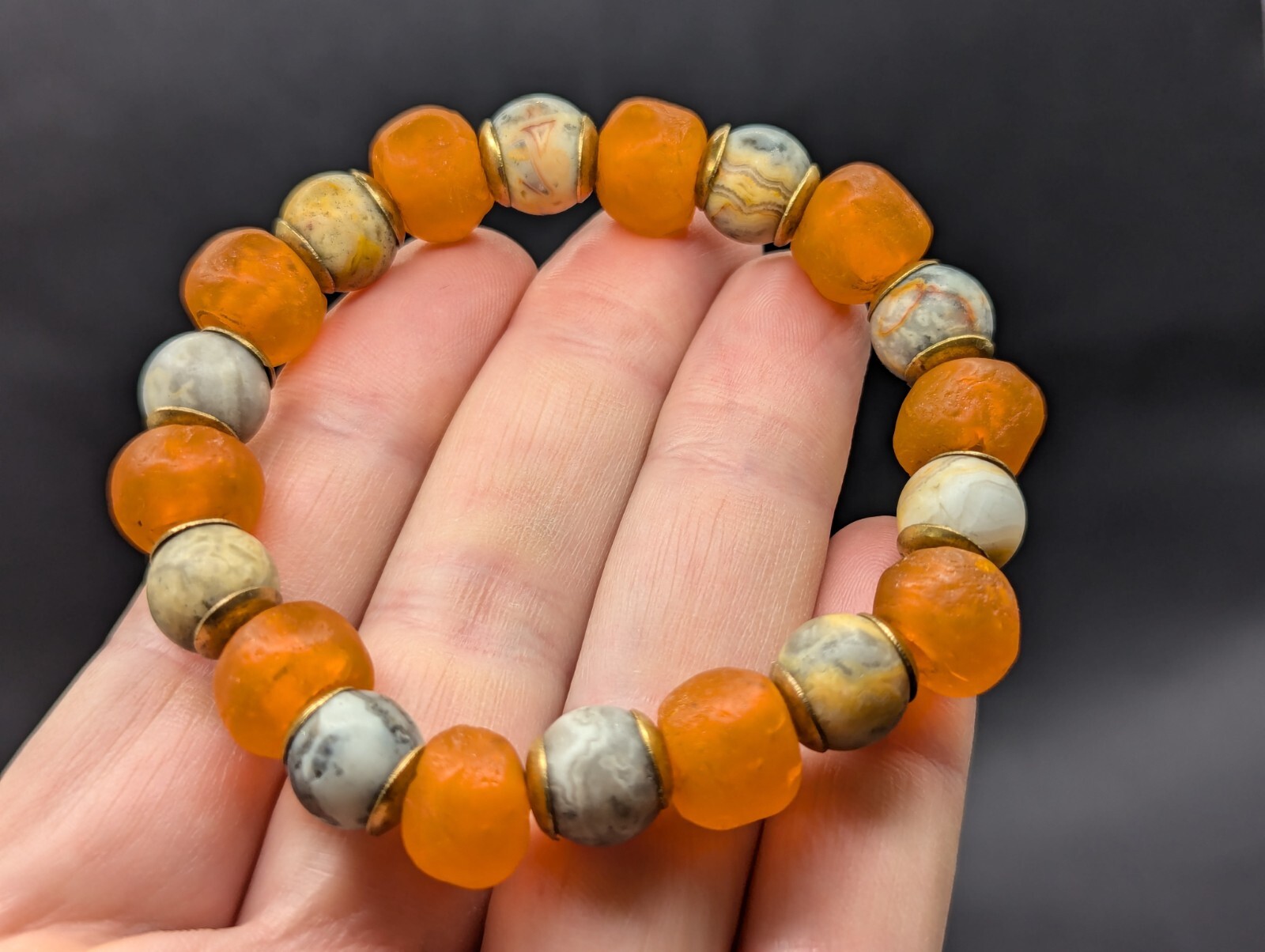 Chunky Orange glass, natural stone beaded stretch Bracelet (16cm) small wrist