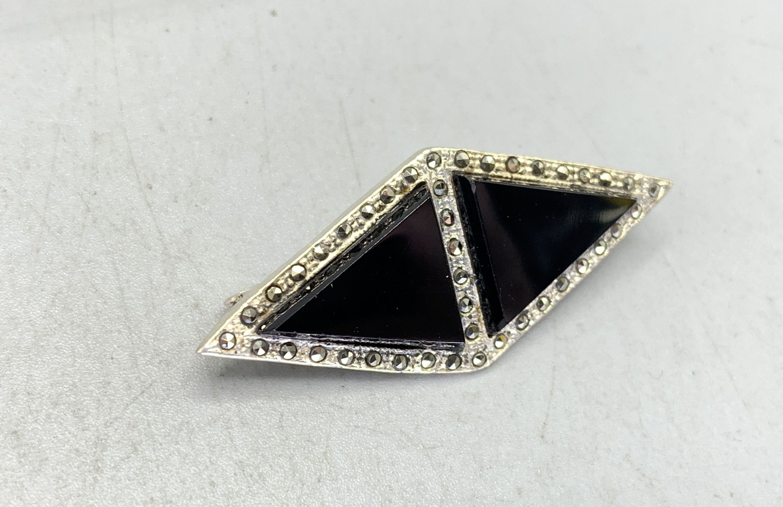 Sterling Silver, Marcasite & Onyx Diamond Shaped Brooch