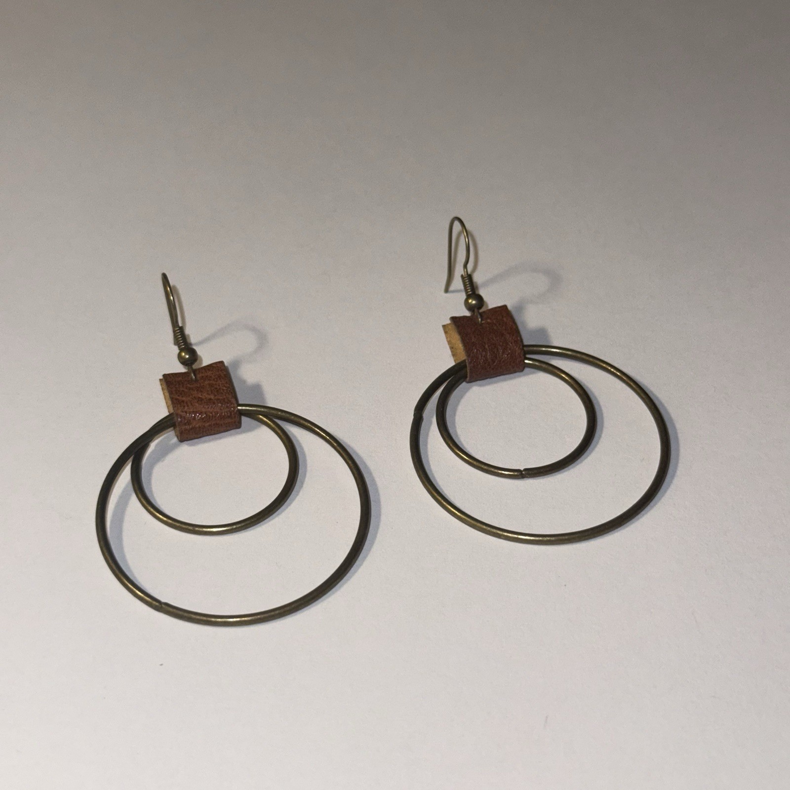 New Double Hoop Dangle Drop Earrings w/ Brown Leather Accent | Hook | Gold Tone