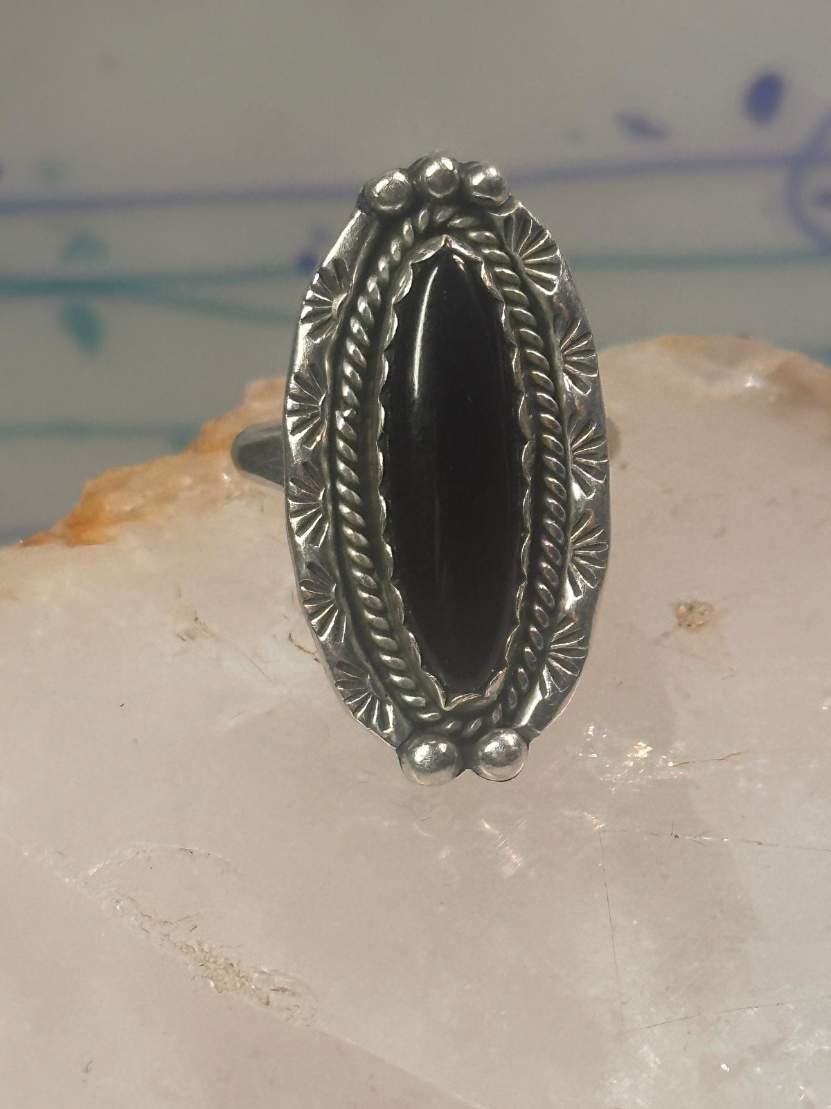 Navajo Ring Long Onyx size 6.5 sterling silver women girls signed LY