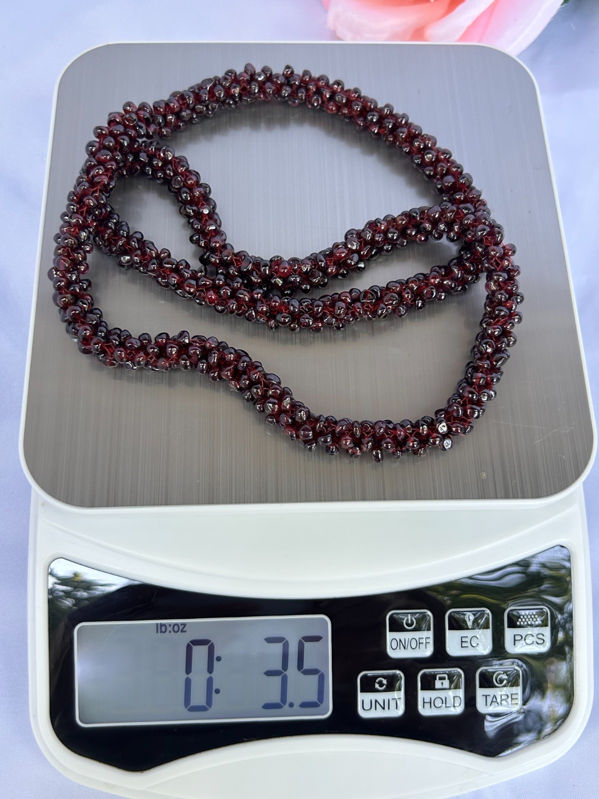 VTG NATURAL RED GARNET BEADED WOVEN ROPE NECKLACE26″ BOHO GEMSTONE STATEMENT