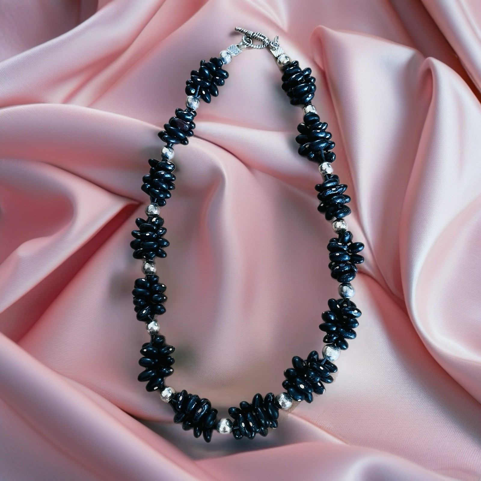 Vintage Tagua Seed Necklace – 18” – Black – Silver Tone Toggle – Artisan – c’90s