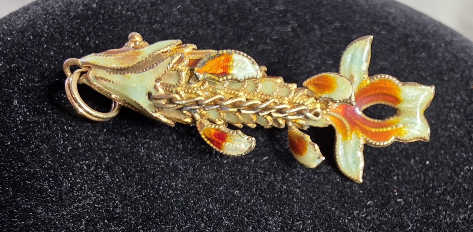 VINTAGE 925 STERLING SILVER ARTICULATED KOI FISH PENDANT ORANGE ENAMEL CLOISONNE
