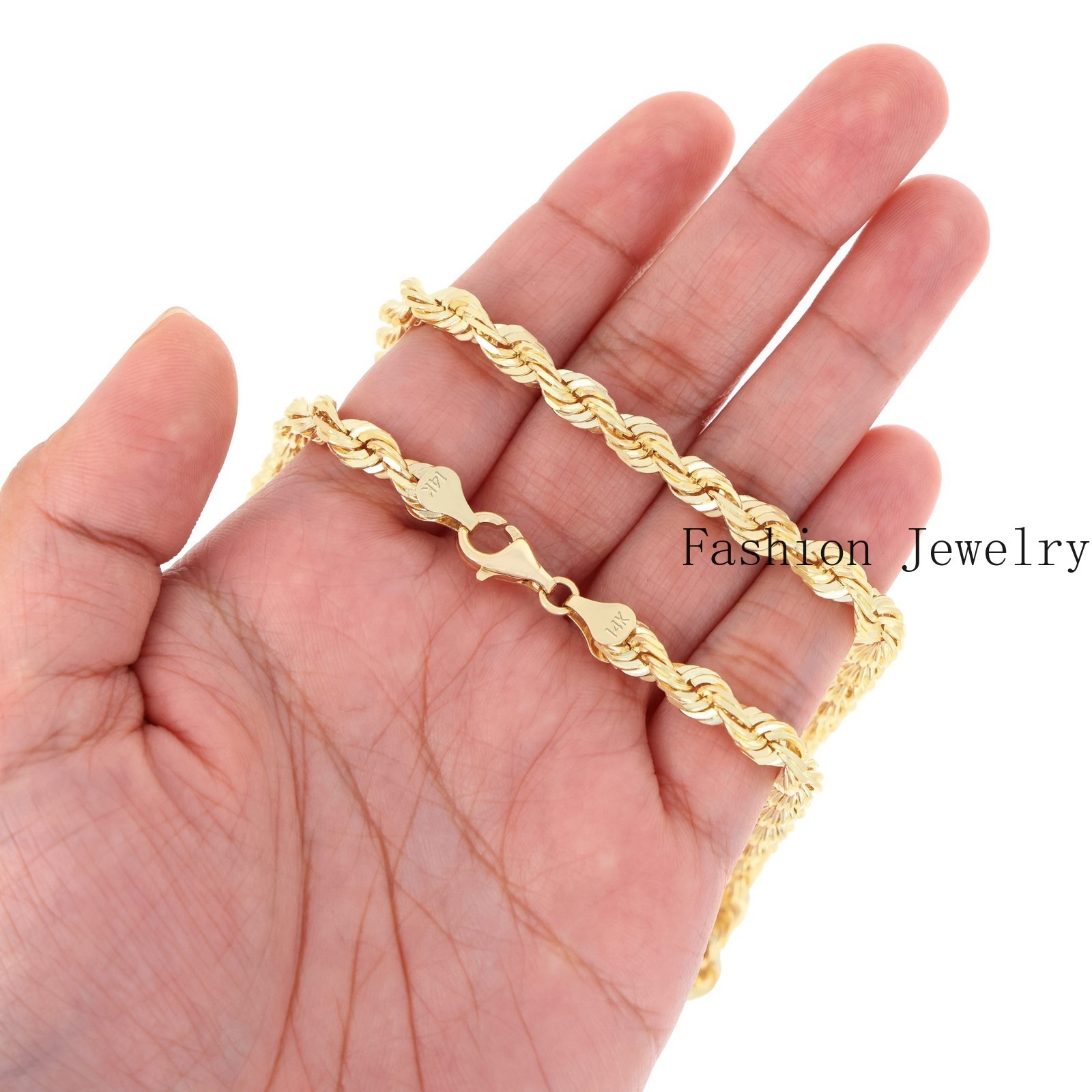 14K Yellow Gold 1mm-10mm Diamond Cut Rope Chain Necklace Mens Women 16″- 30″