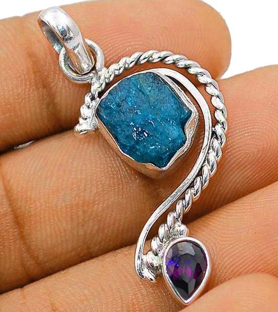 Natural Neon Blue Apatite & Amethyst 925 Sterling Silver Pendant Jewelry