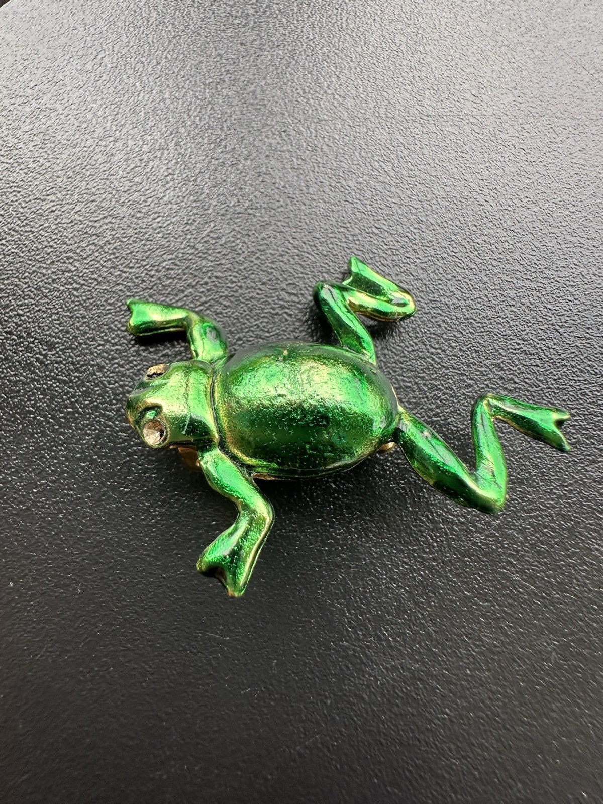 Vintage Metallic green enamel leaping frog brooch