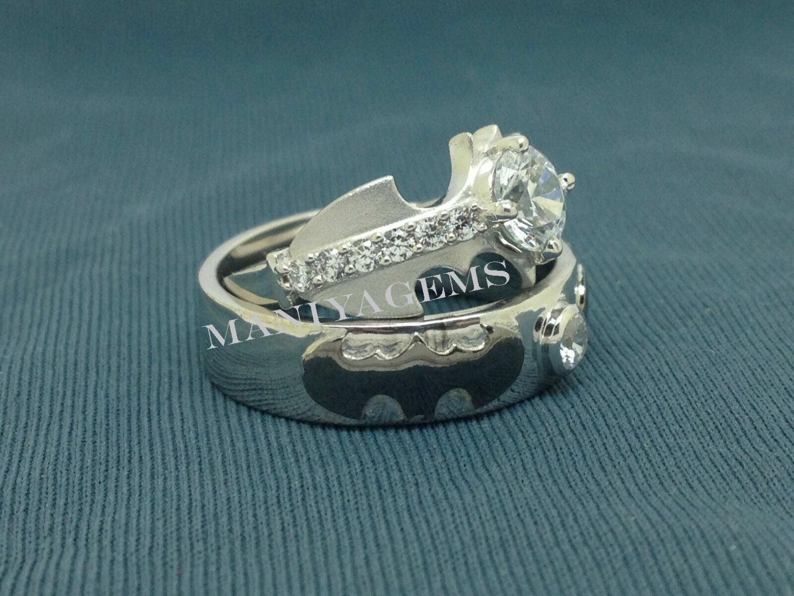 Batman Inspired Round Cut Moissanite 14k White Gold Engagement Bridal Ring Set