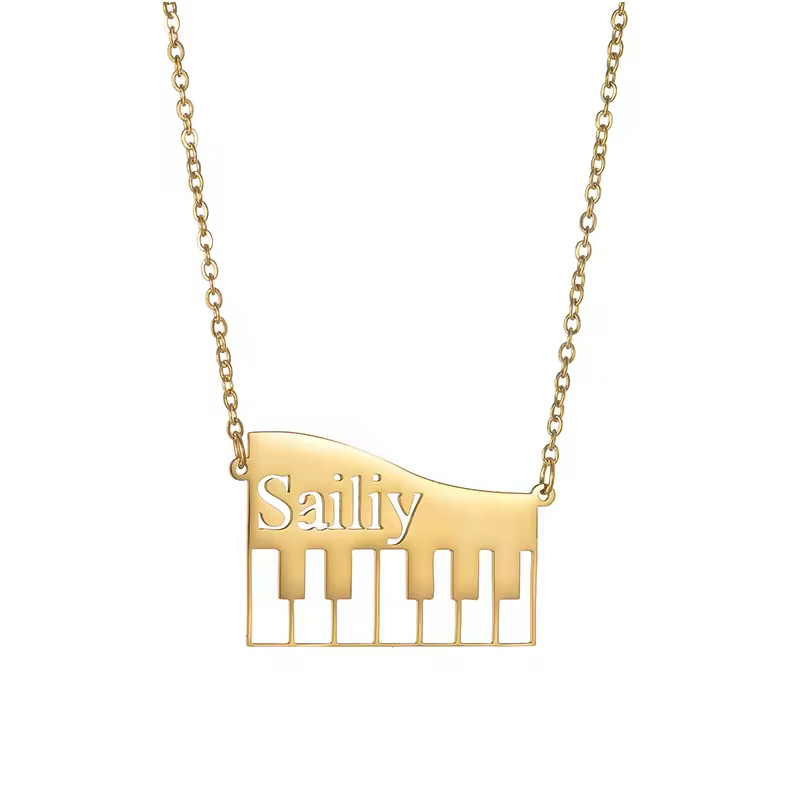 Custom Name Hollow Letters Pendant Necklace Piano Music Instrument Gold Silver