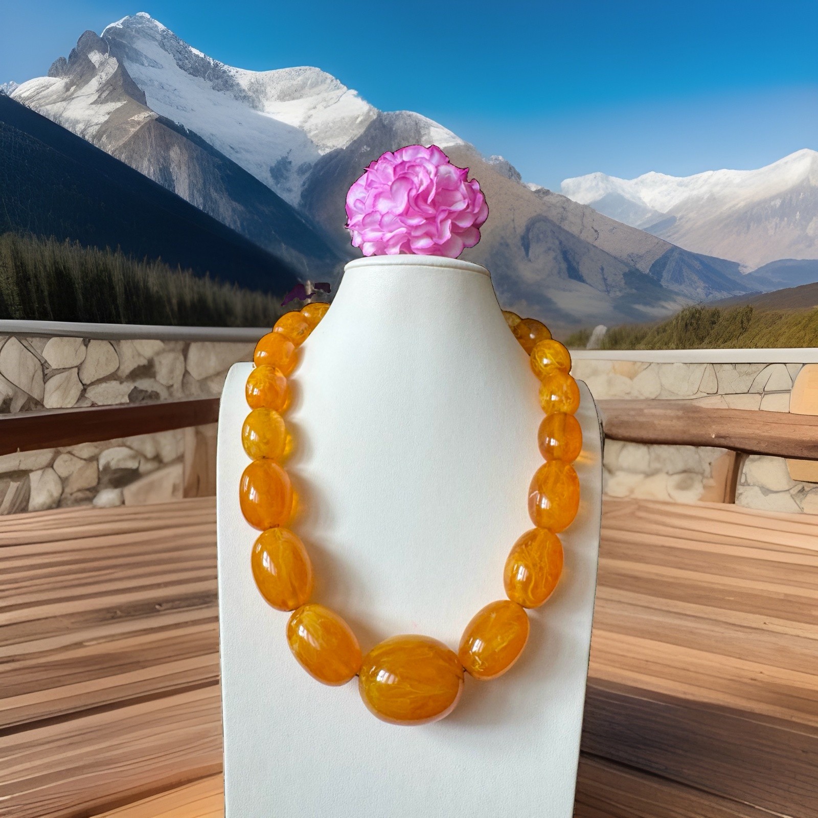 Vintage Style Translucent,Graduated Honey & Egg Yolk Amber Resin Necklace 162 gr