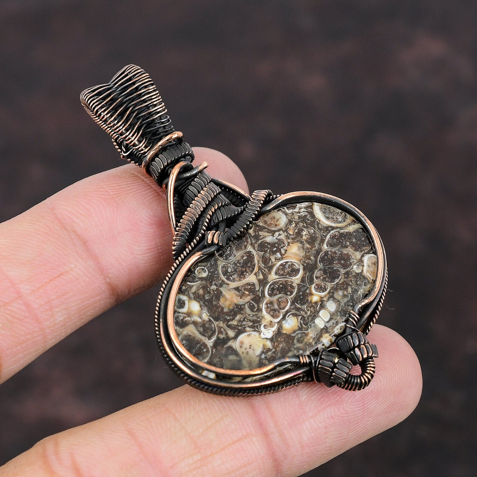 Gift For Her Copper Turritella Agate Gemstone Jewelry Wire Wrapped Pendant 2.36″