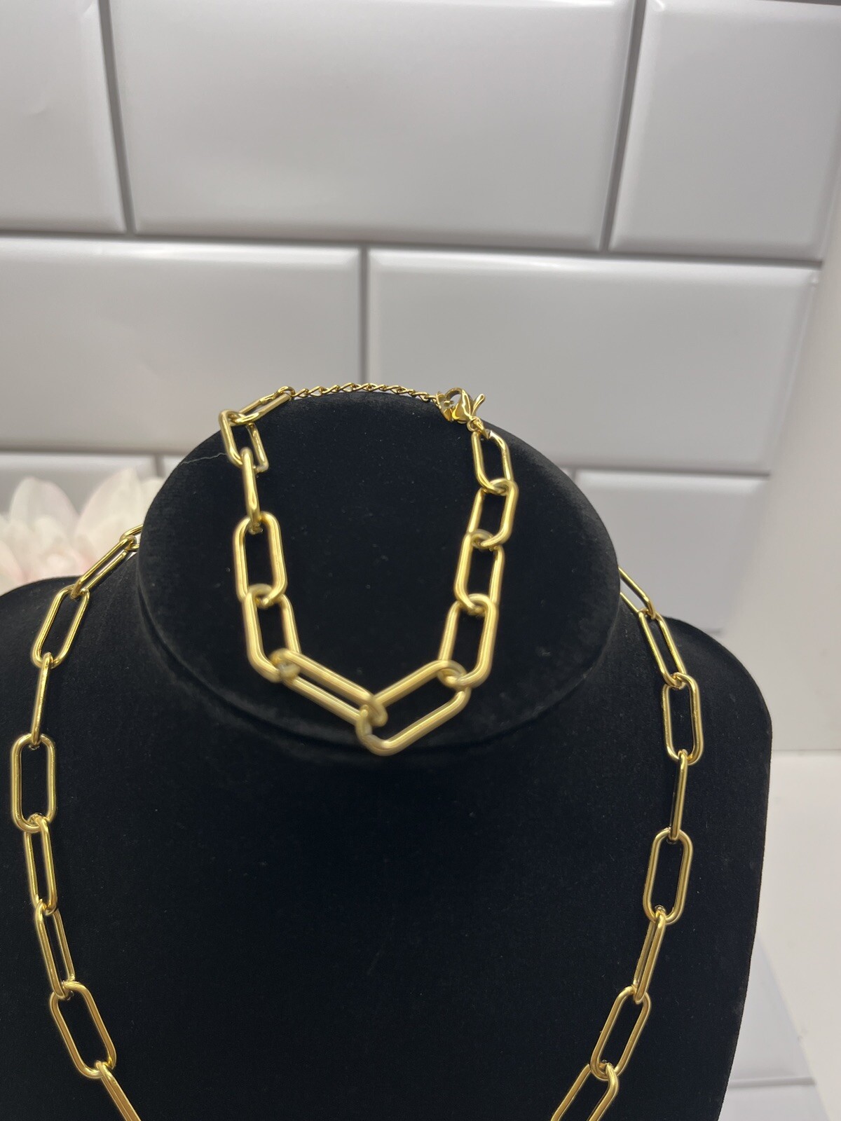 Women Girl Stailess Steel Gold tone Paper Clip Link Chain Necklase