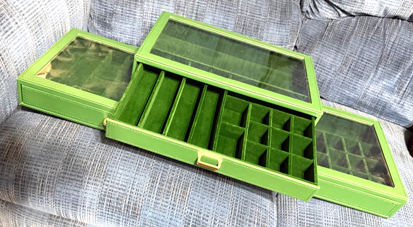 Set 3 Green Leatherette Plastic Top Jewelry Display Cases Trays Organizer Drawer