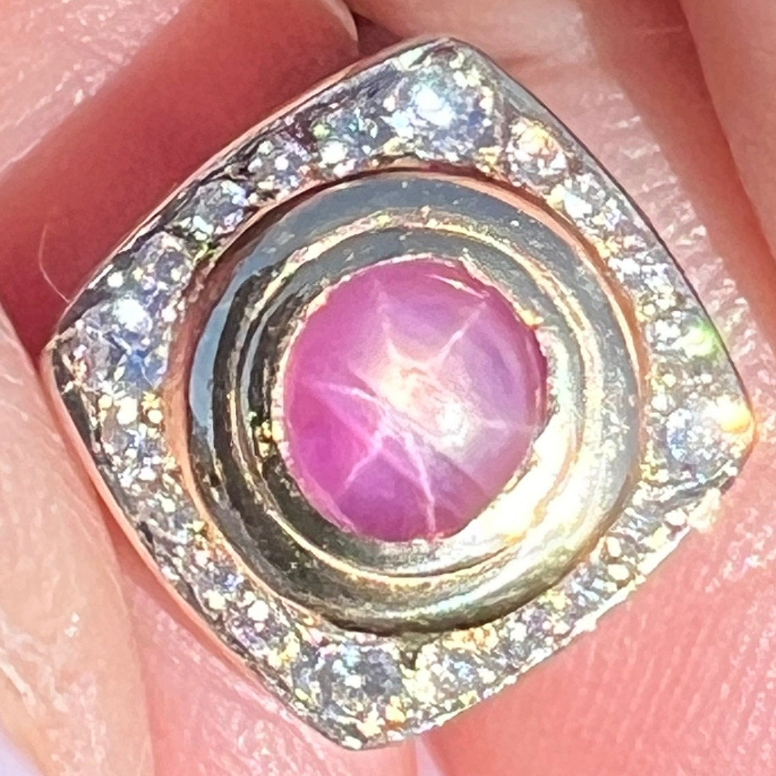 14k Gold Pink Star Sapphire Ruby Pendant w Diamond Halo *Video* A