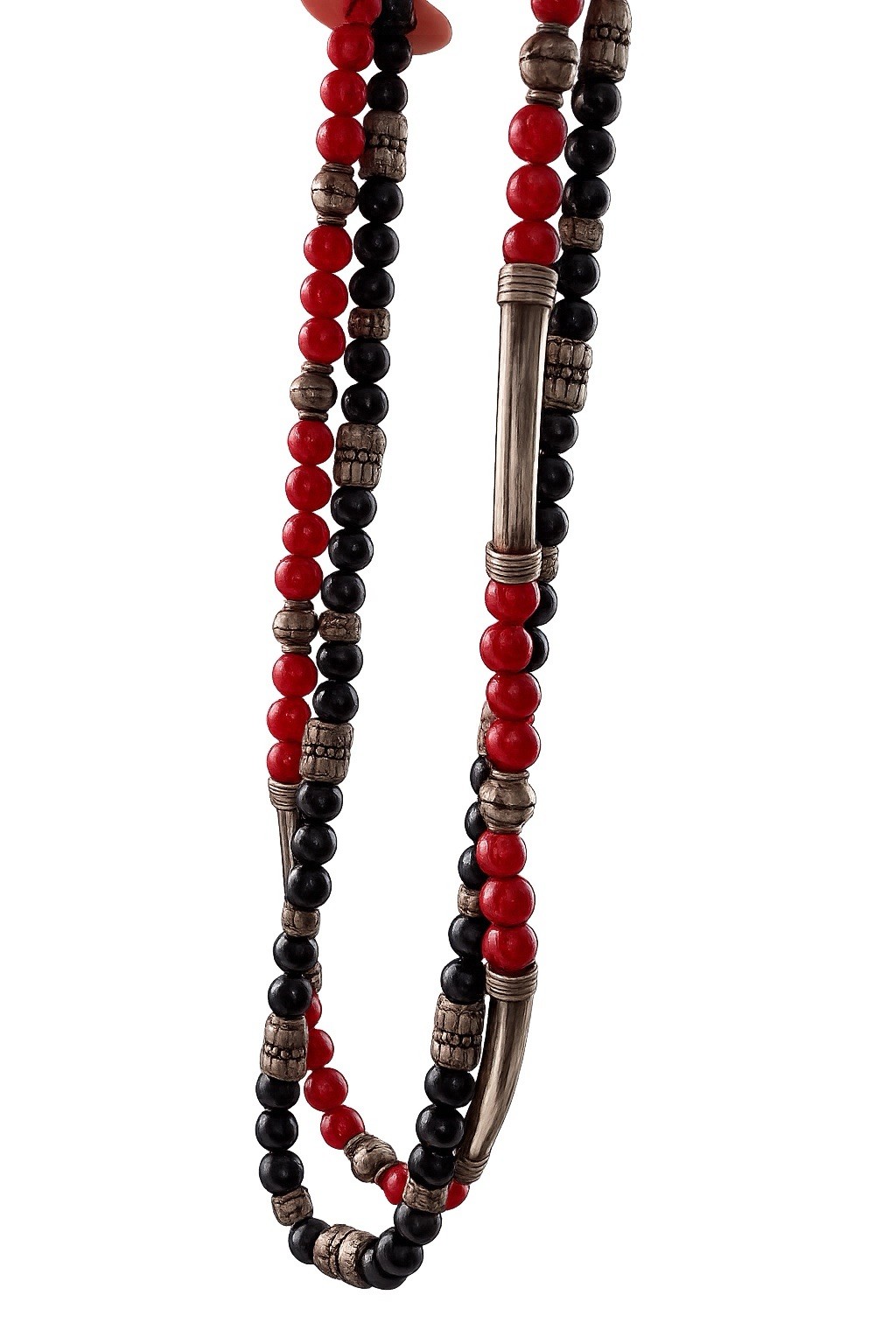 2 ethnic necklaces Red & silver. Black & Silver Round Beaded Necklaces