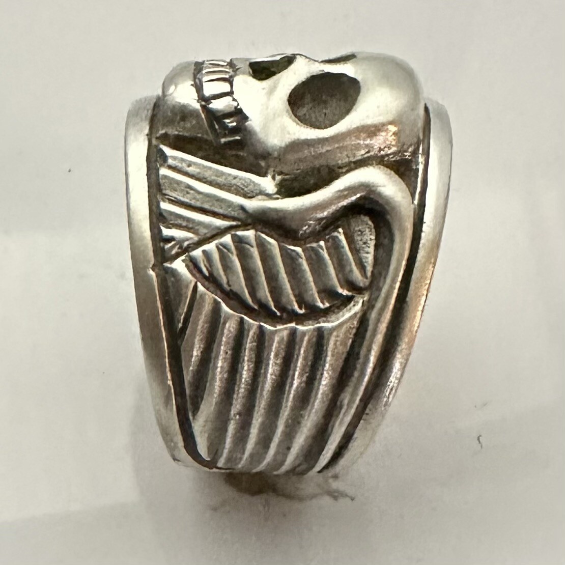 MJG STERLING SILVER WINGED SKULL RING @ 37 GR. Size 11 1/2. BIKER. GUITAR PLAYER