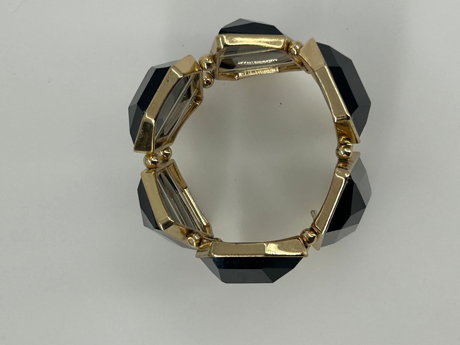 Fashion Geometric Faceted Black Stone Gold Tone Stretch Bracelet 9in