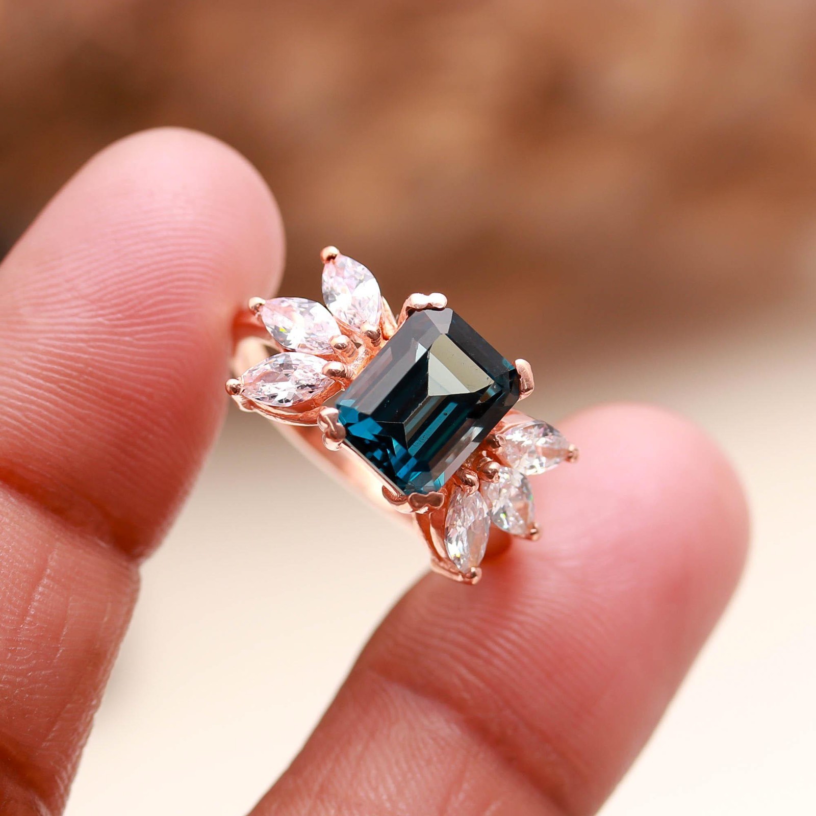 Natural London Blue Topaz Octagon Ring Rose Gold Fill 925Sterling Silver Jewelry