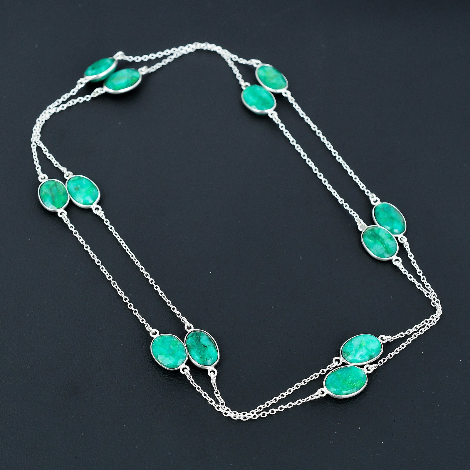 Zambian Emrald Oval Gemstone 925 Sterling Silver Jewelry Necklace 36″ VJ 973