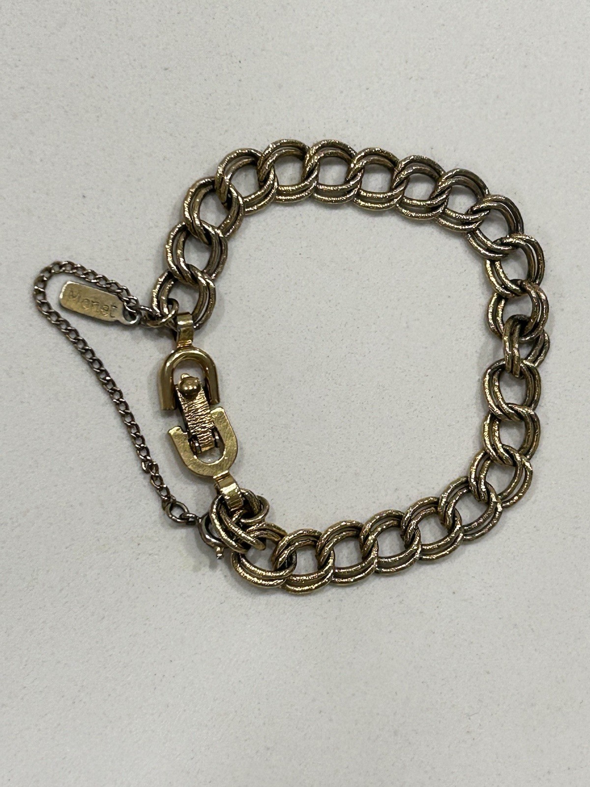 Vintage Monet Charm Bracelet Textured Links Gold Tone With Safety Chain