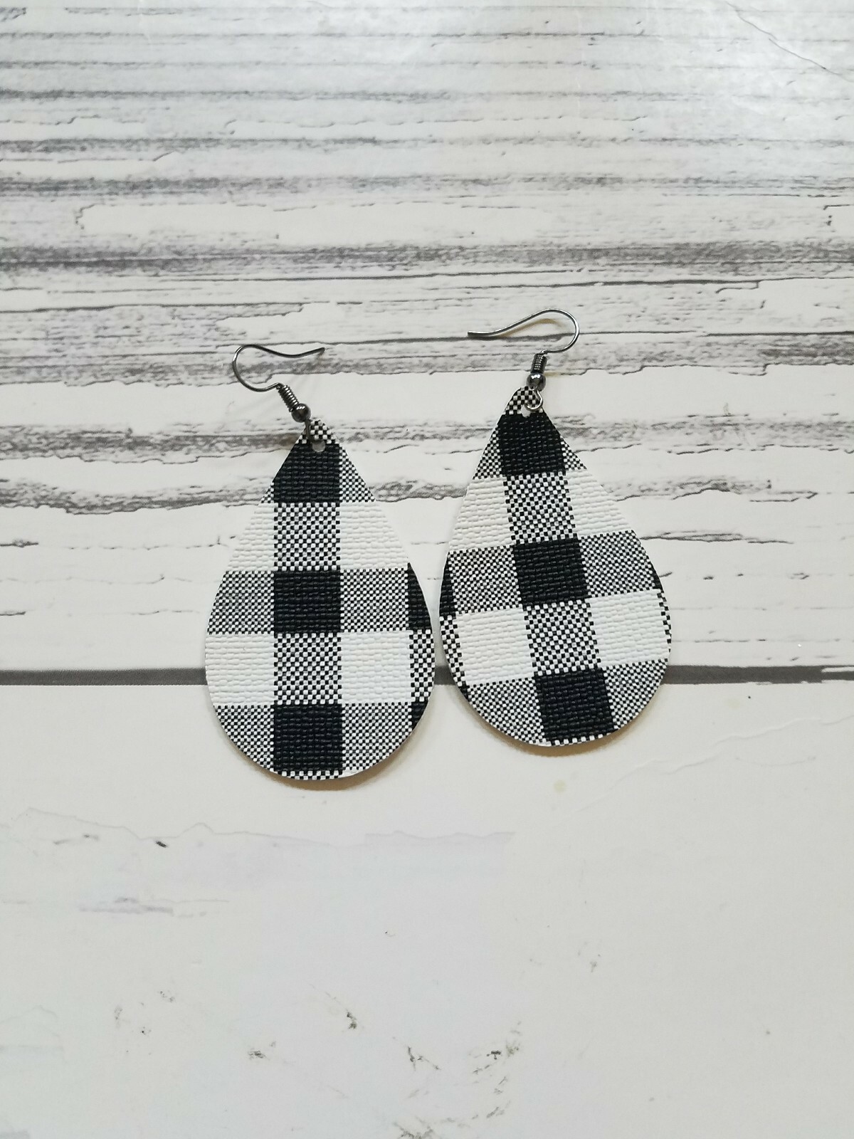 BLACK & WHITE BUFFALO PLAID teardrop Earrings faux leather fabric