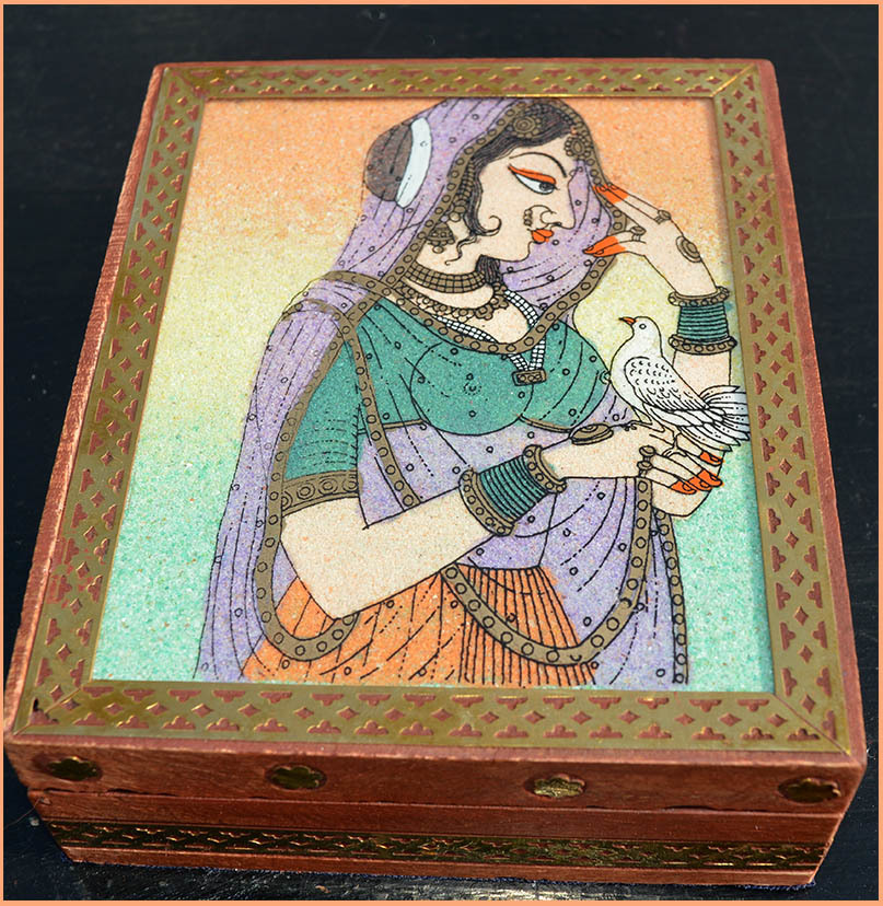 Wooden jewelry box with glass gem stone painting and brass border from India!