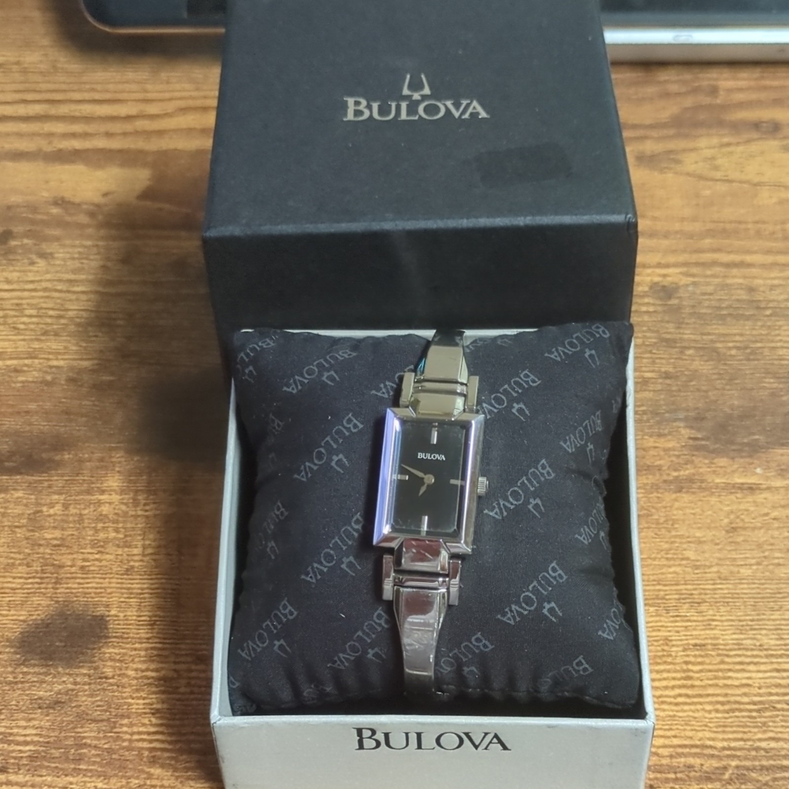 Bulova Women’s Quartz Watch Black Dial Rectangle Case Silver Bracelet w/Box