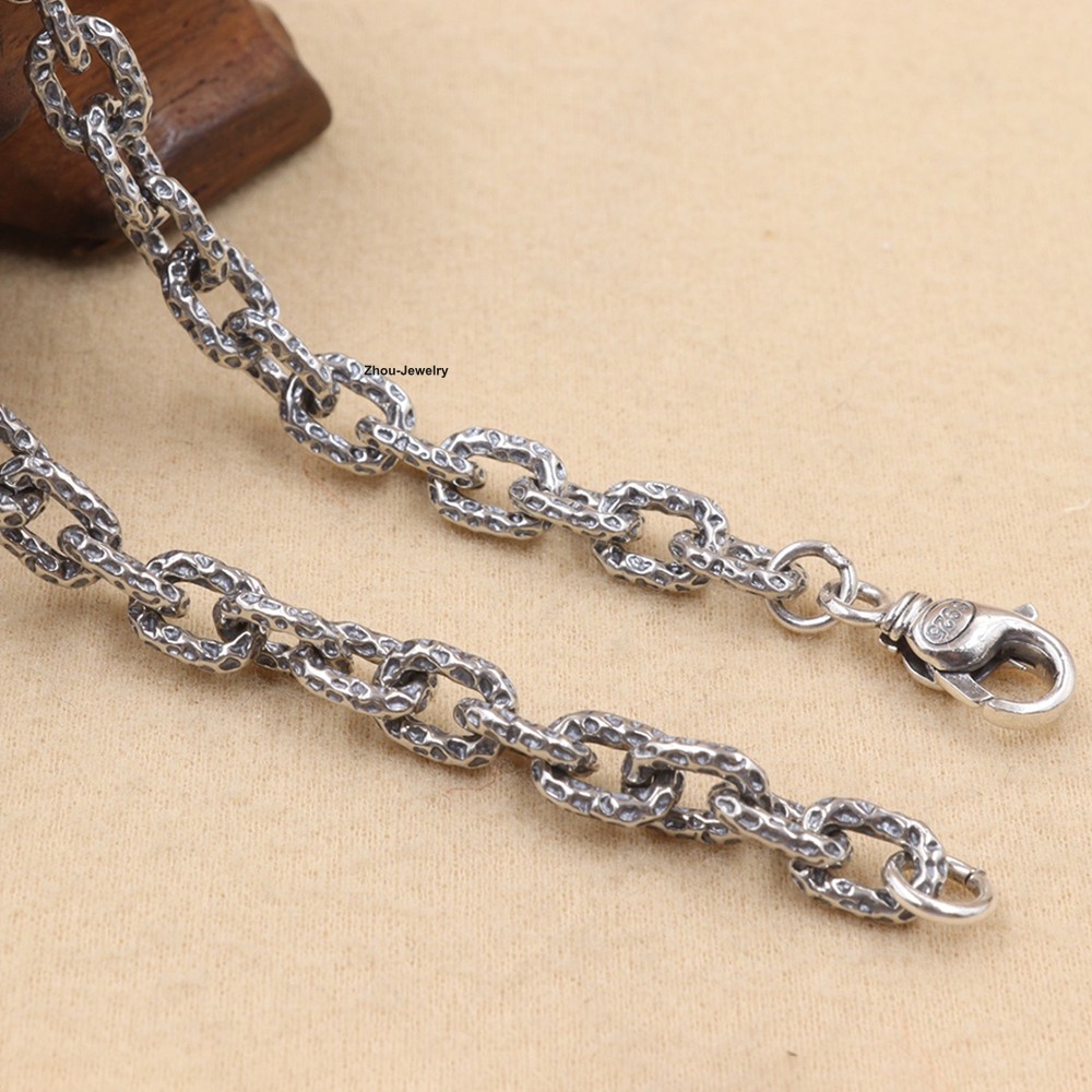 Real 925 Sterling Silver 6.5mm Hammered Cable Chain Necklace 21.6″L Jewelry Gift