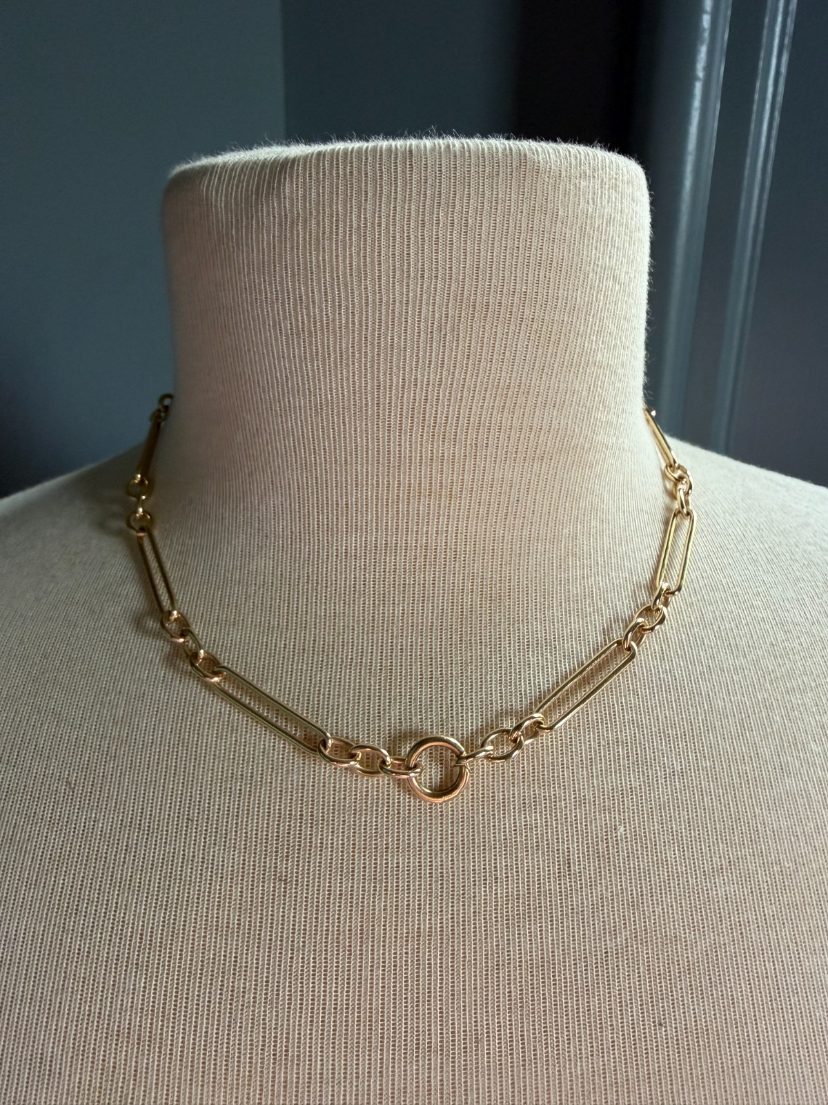 Lucy Delius 14k Yellow Gold Trombone Link Chain Necklace Front Clasp 45cm 27g
