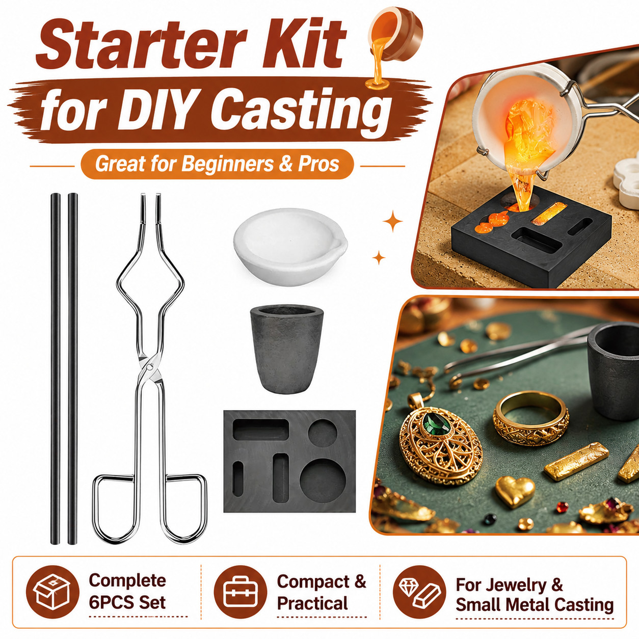 6Pack Metal Melting Casting Kit Graphite Ingot Mold Gold Silver Copper Refining