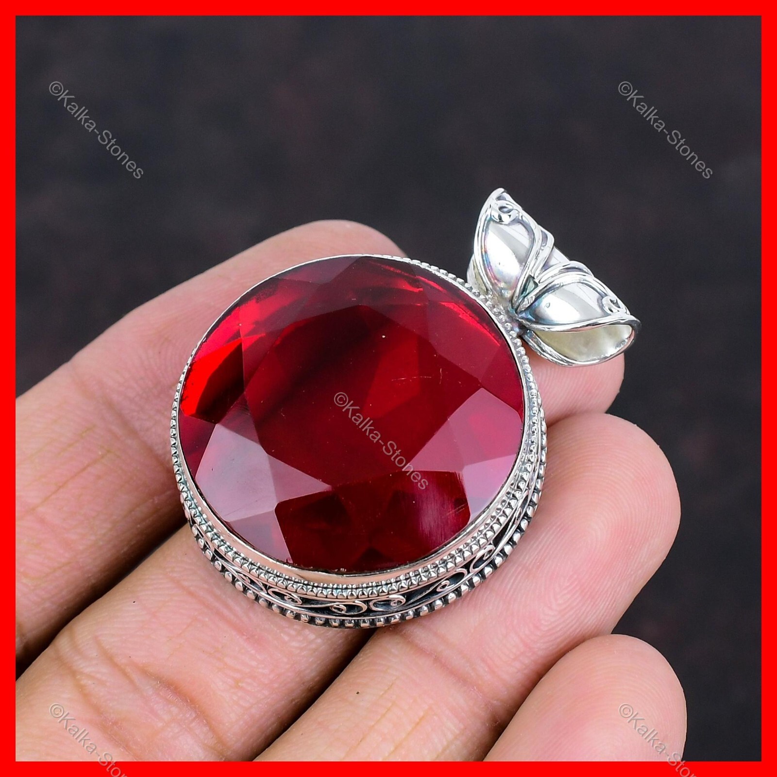 Valentines Deal Natural Mozambique Garnet Sterling Silver Vintage Bezel Pendant