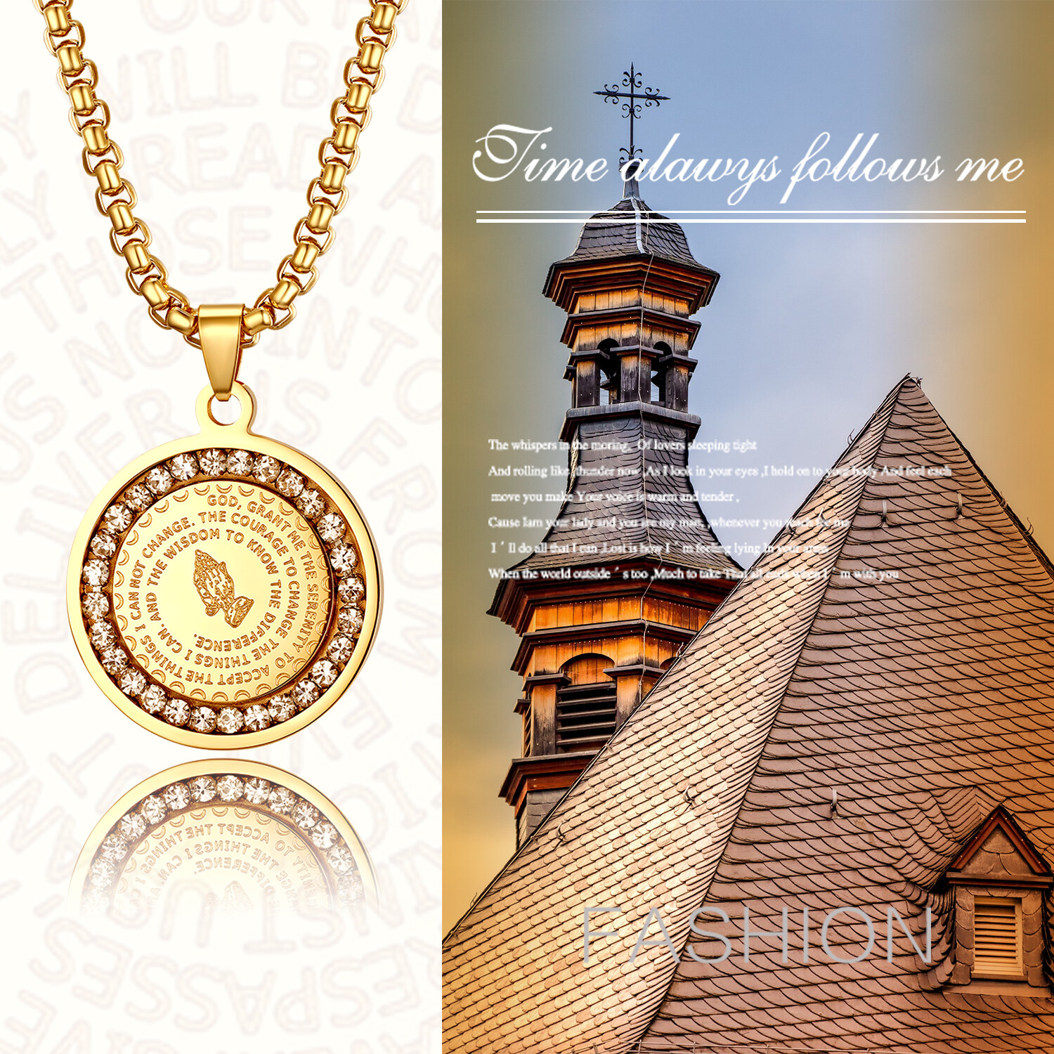 Men’s Stainless Steel Rhinestone Bible Text Prayer Tag Pendant Necklace Chain