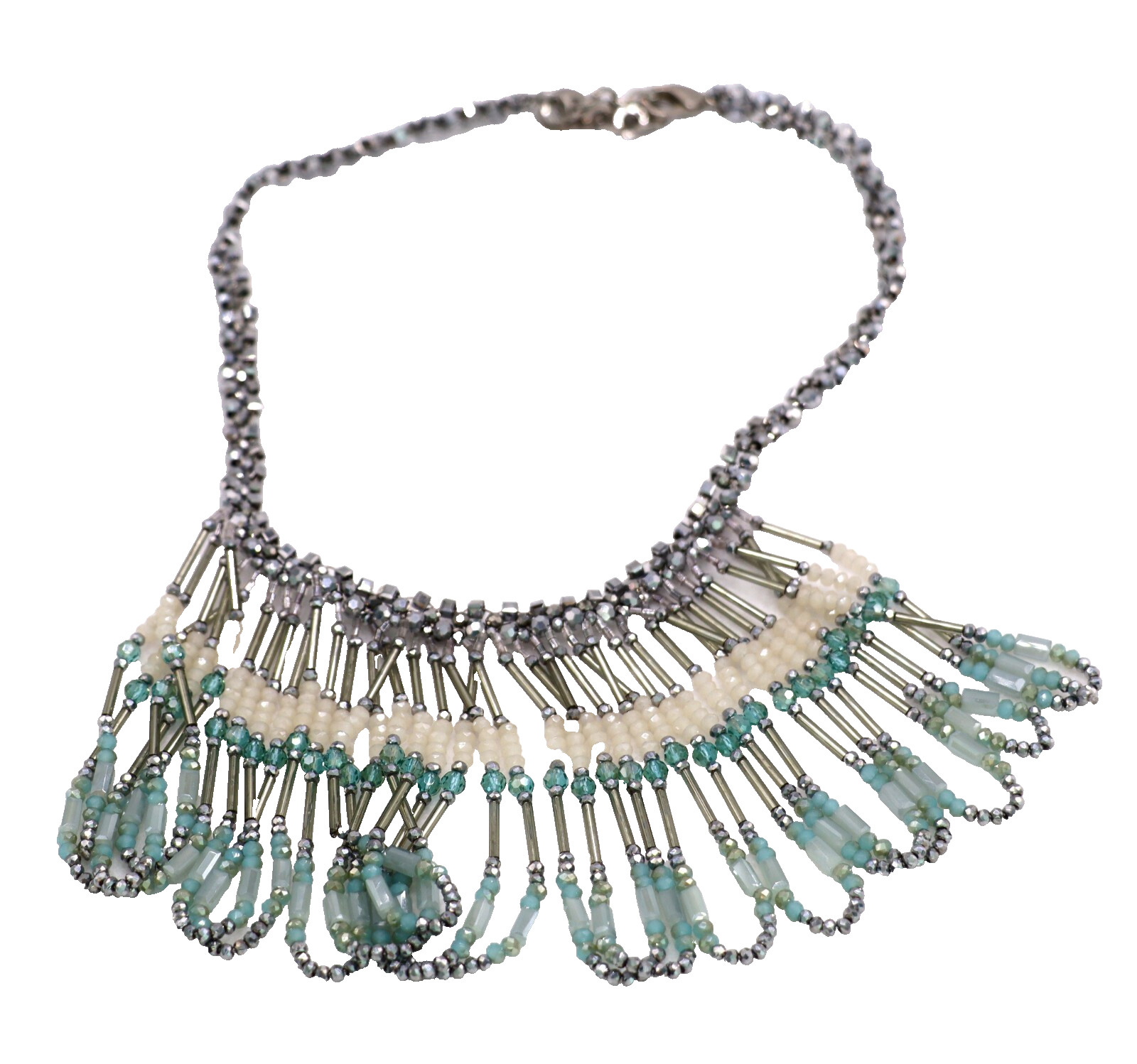RUSH DENIS & CHARLES Aqua Blue White Silver Crystal Dangle Statement Necklace