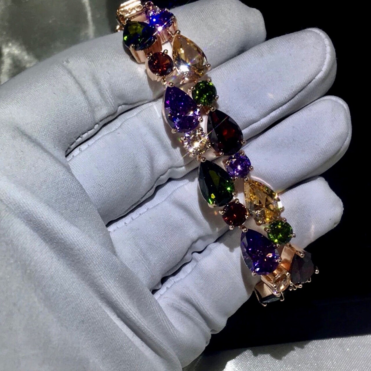 18k Rose Gold Filled Multicolor Tennis Bracelet made w Swarovski Crystal 6.5”