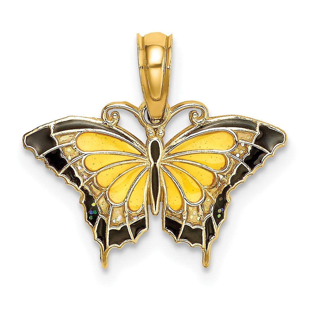 10K Yellow Gold Small Enameled Yellow Butterfly Charm Pendant L-15.1 mm