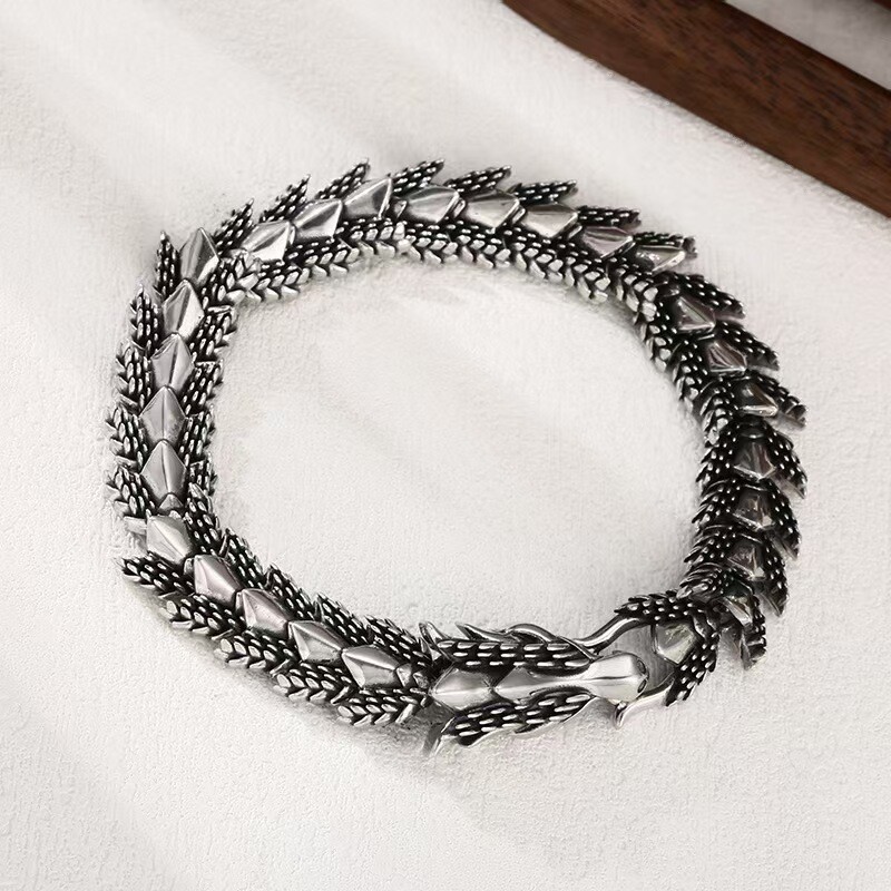 Pure S925 Sterling Silver Bracelet 12mm Dragon Scale Bone Link Chain 7.1-8.3inch