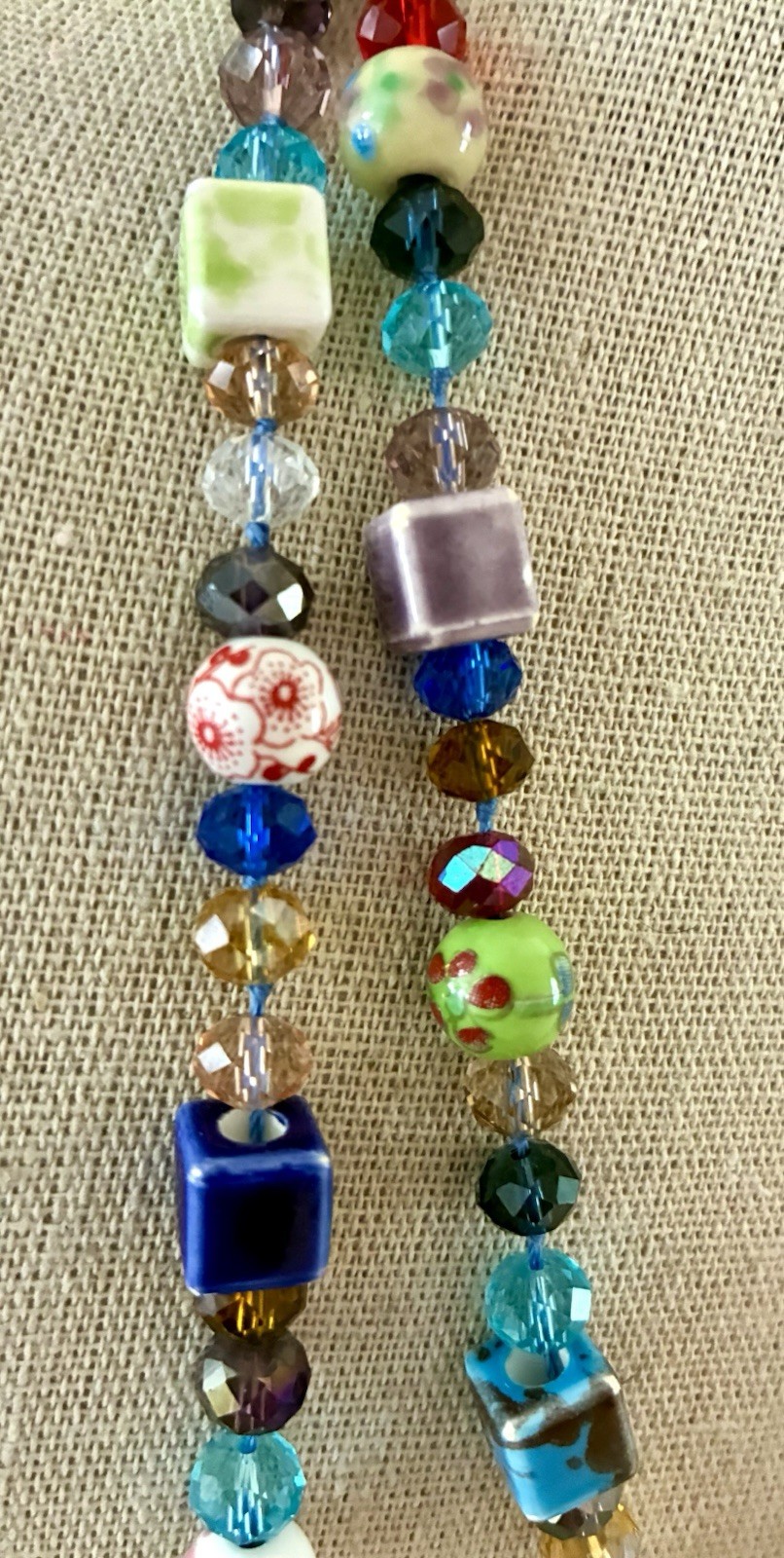 Necklace Colorful Mixed Media~Glass Beads,HandPainted Ceramic Sq/Rnd Beads 22”