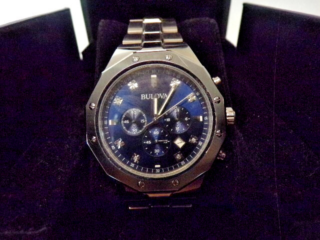 Bulova Men’s Quartz Diamond Accents Chronograph Blue Dial 44mm Watch 96D138