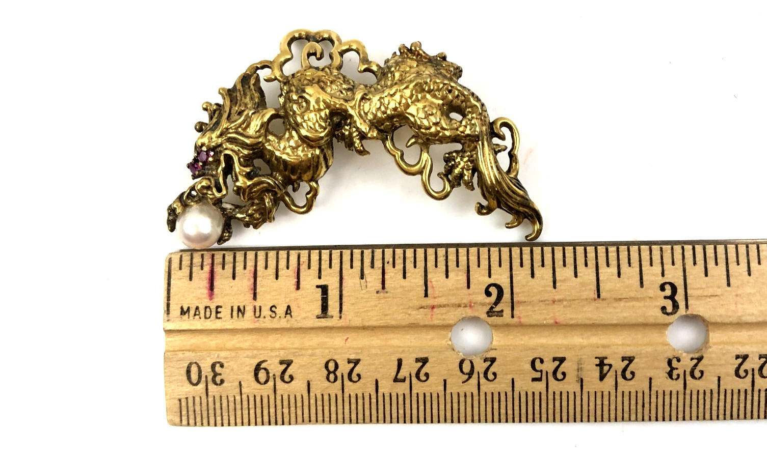 Vtg Antique Mark EN 87 Sterling Silver Gold Chinese Dragon Ruby Yes Brooch Pin