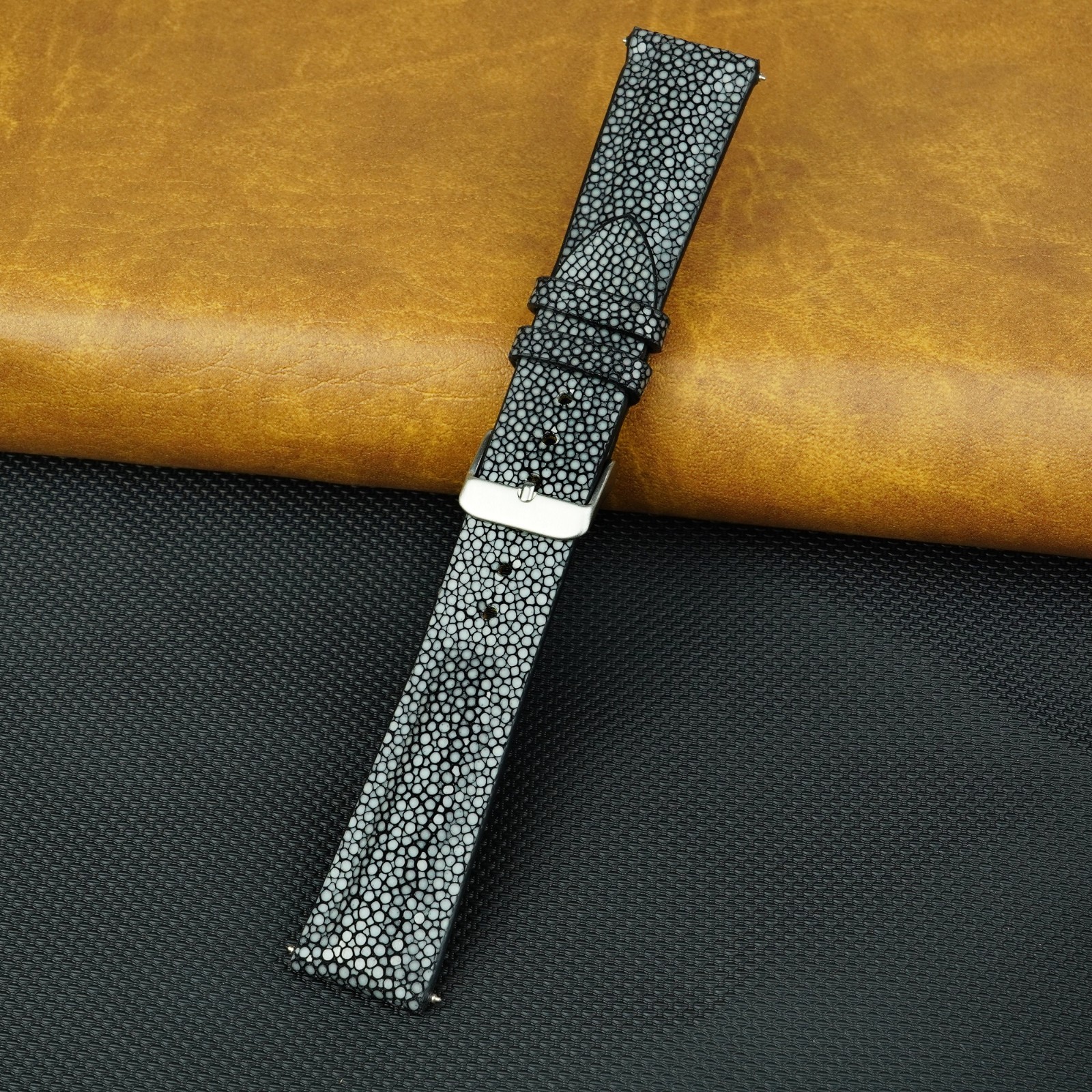 22mm Black Stingray Leather Watch Band Men Genuine Watch Strap Silver Buckle
