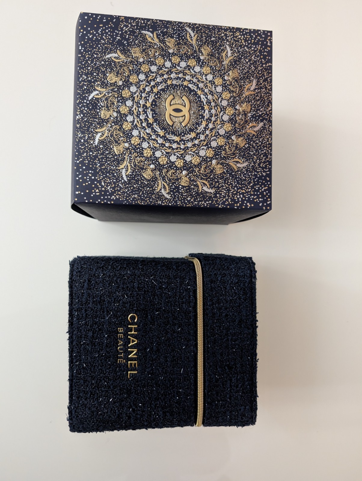 CHANEL Blue Fabric Square Jewelry Box 4x4x4 Lined Zipper w/ Gift Box