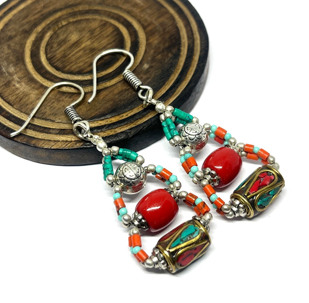 Nepalese Red Coral Turquoise Gemstone Handmade Earring Jewelry, 2.1 Inch