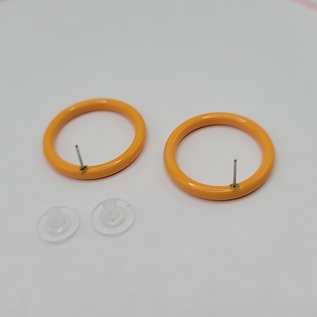 Vtg Mustard Yellow Enamel Round Hoop Pierced Stud Earrings