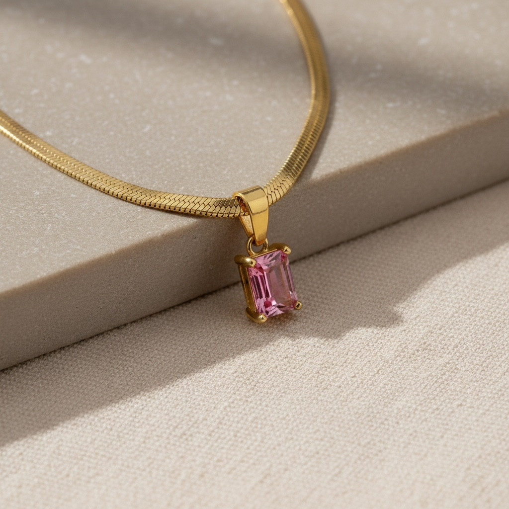 Diamond CZ Snake Chain – Emerald Cut Necklace | Dainty Herringbone | 18k Gold