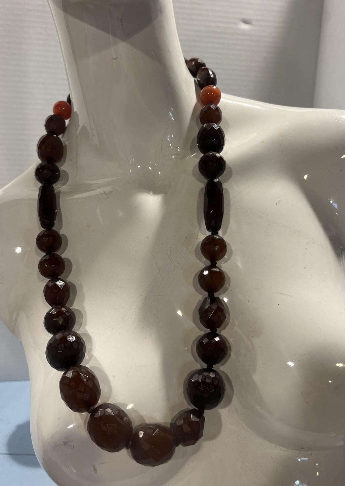 VTG Art Deco Faceted Dark Amber “Faux” Bakelite Necklace 114g 30” Hand Knotteded